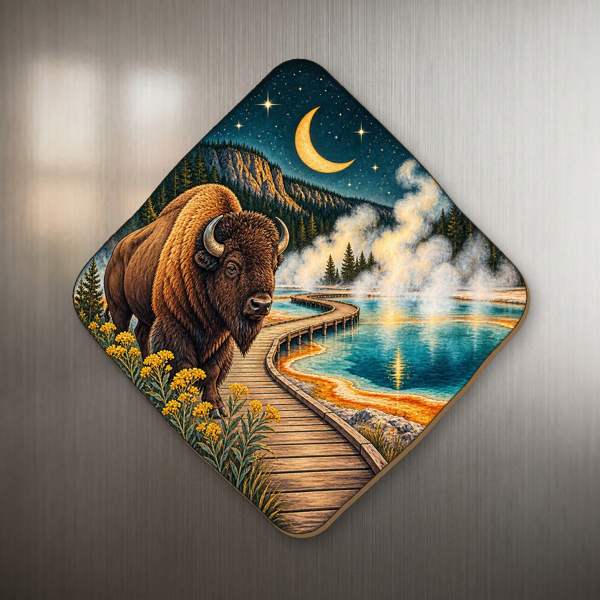 Boardwalk Moon Path wood magnet M165 on a stainless steel fridge, made in USA