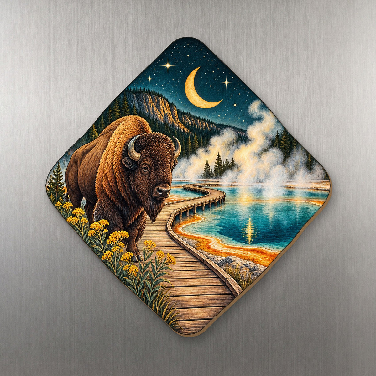 Boardwalk Moon Path wood magnet M165 on a stainless steel fridge, made in USA