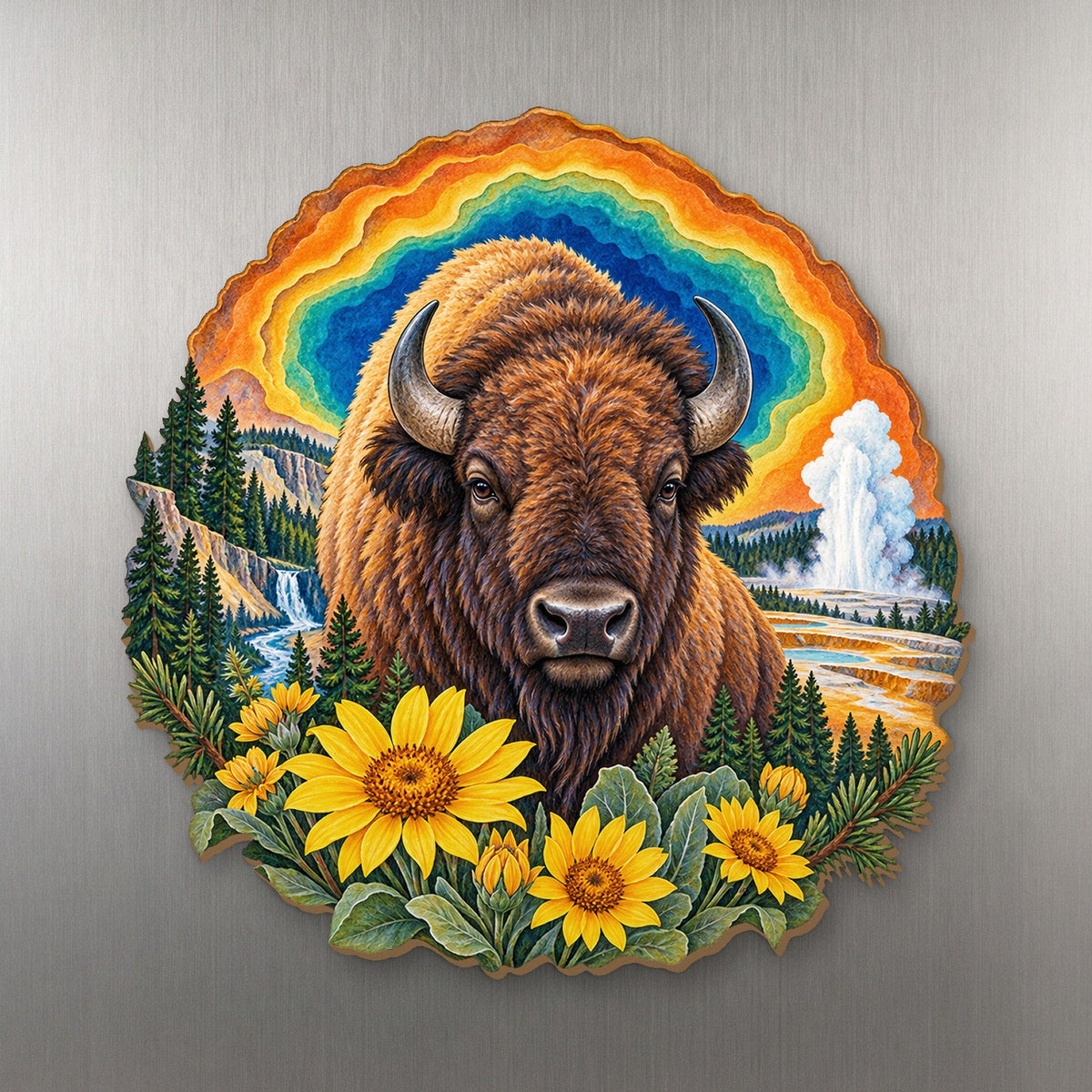 Prismatic Bison Bloom wood magnet M167 on a stainless steel fridge, made in USA