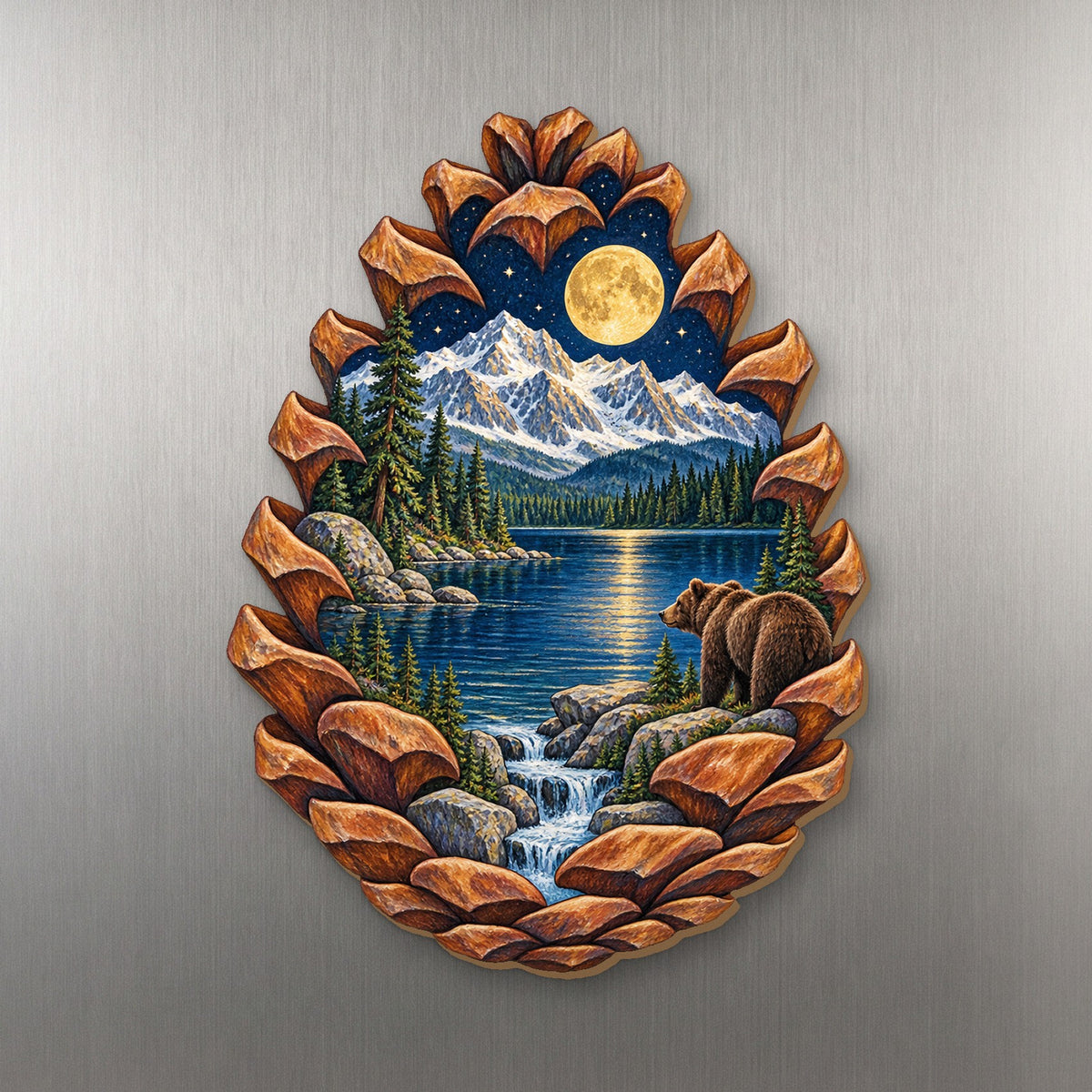 Lake Moon Pinecone wood magnet M168 on a stainless steel fridge, made in USA