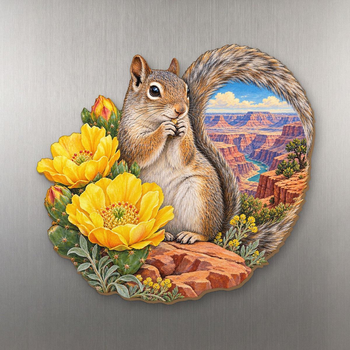 Squirrel Desert Blossom wood magnet M169 on a stainless steel fridge, made in USA