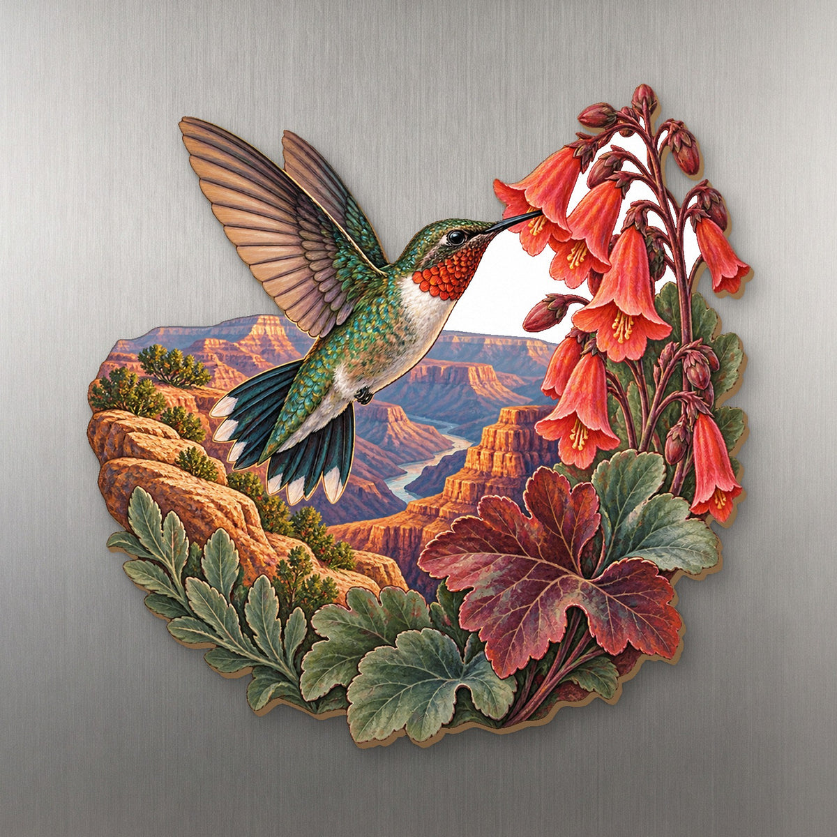 Hummingbird Coral Bells wood magnet M170 on a stainless steel fridge, made in USA
