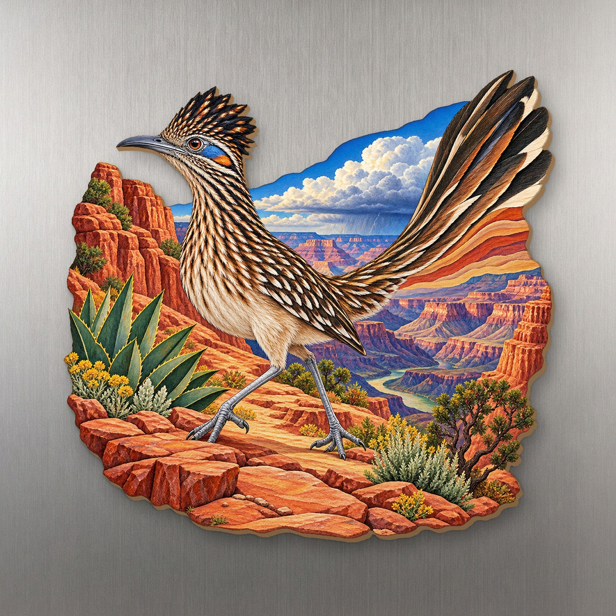 Roadrunner Rim Trail wood magnet M171 on a stainless steel fridge, made in USA