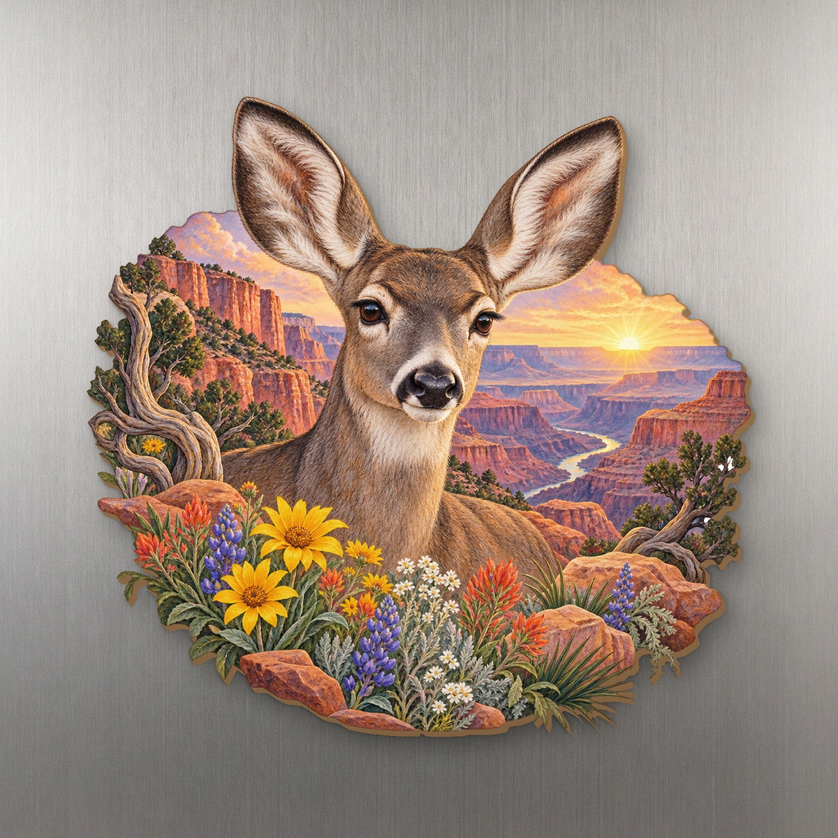Mule Deer Desert Dawn wood magnet M172 on a stainless steel fridge, made in USA