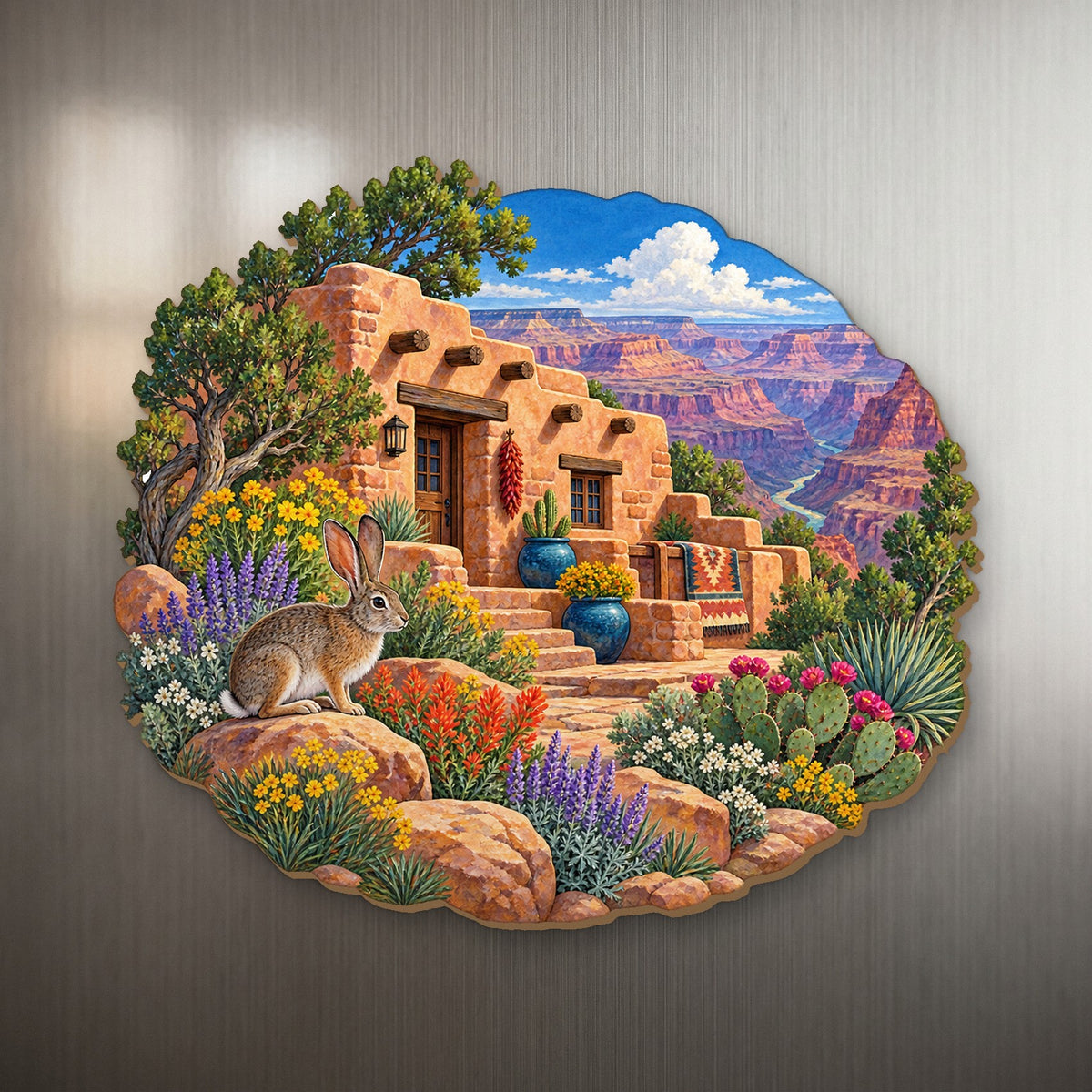 Stone House Desert Garden wood magnet M173 on a stainless steel fridge, made in USA