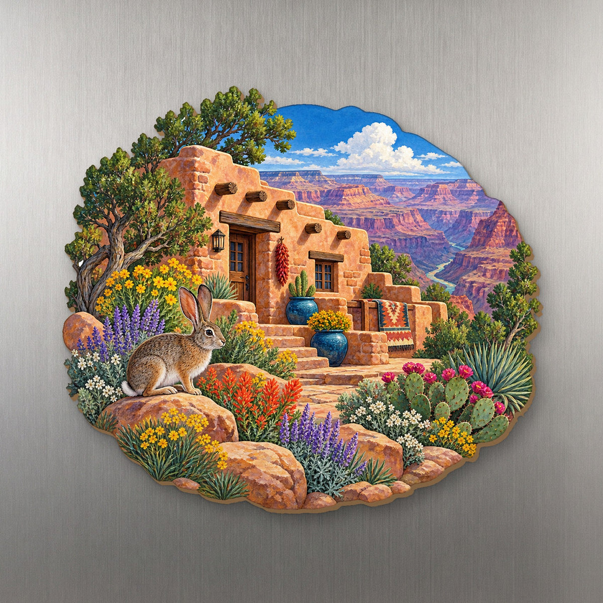 Stone House Desert Garden wood magnet M173 on a stainless steel fridge, made in USA