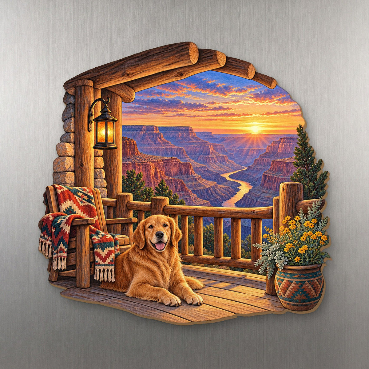 Lodge Porch Canyon wood magnet M176 on a stainless steel fridge, made in USA