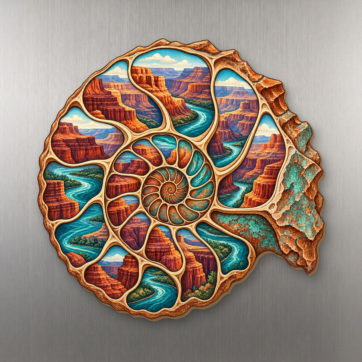 Ammonite River Coil wood magnet M177 on a stainless steel fridge, made in USA