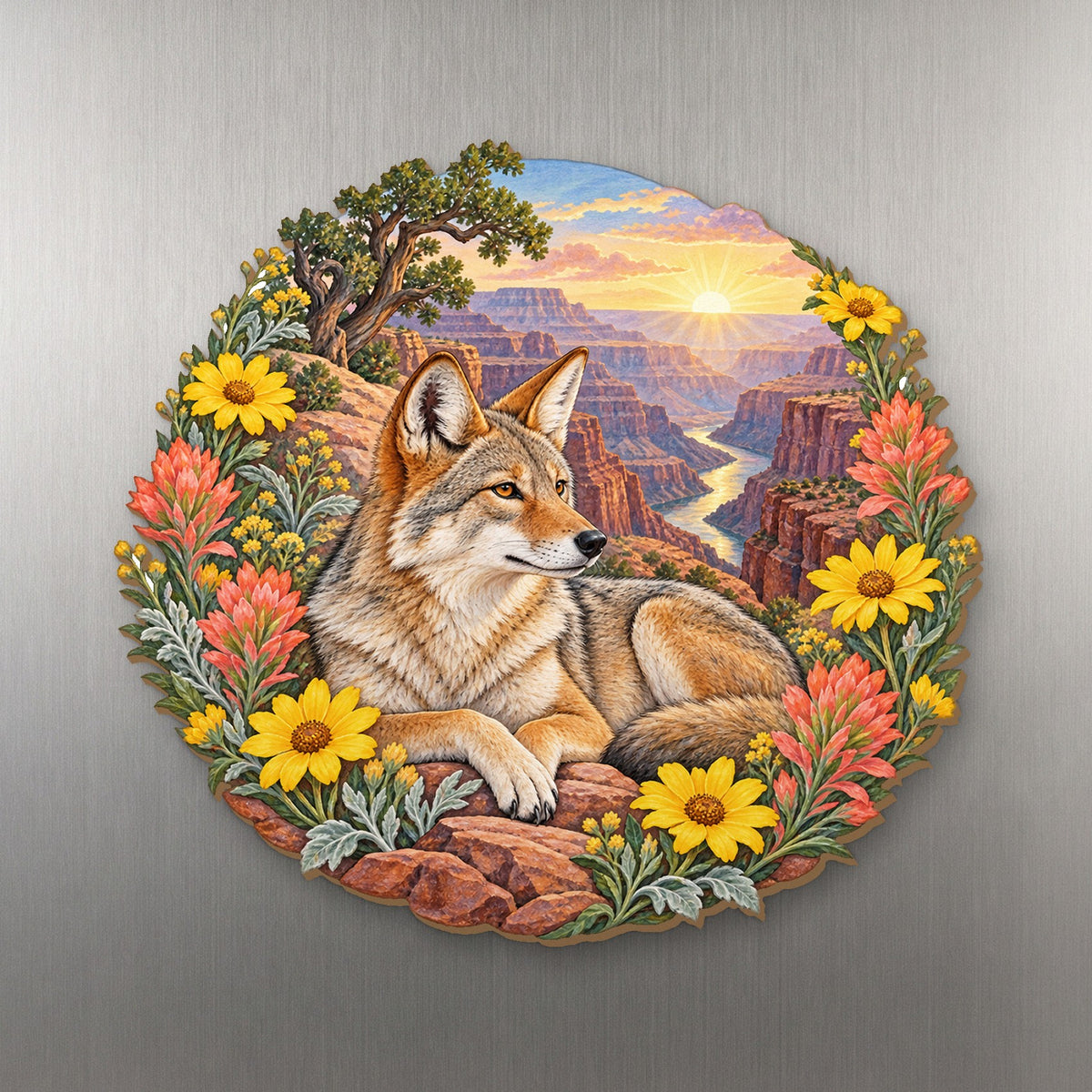 Wildflower Coyote Wreath wood magnet M180 on a stainless steel fridge, made in USA