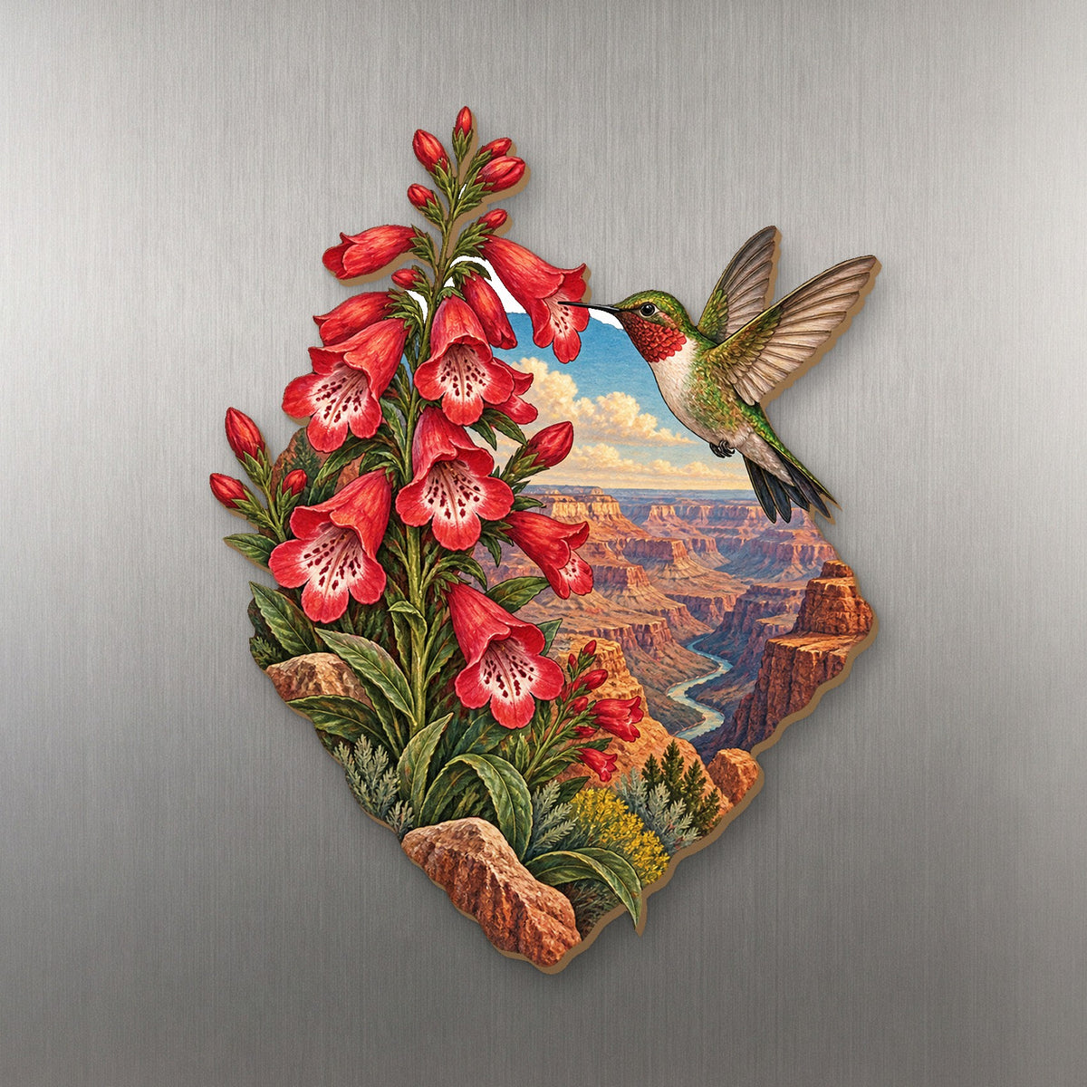 Penstemon Canyon Bouquet wood magnet M181 on a stainless steel fridge, made in USA