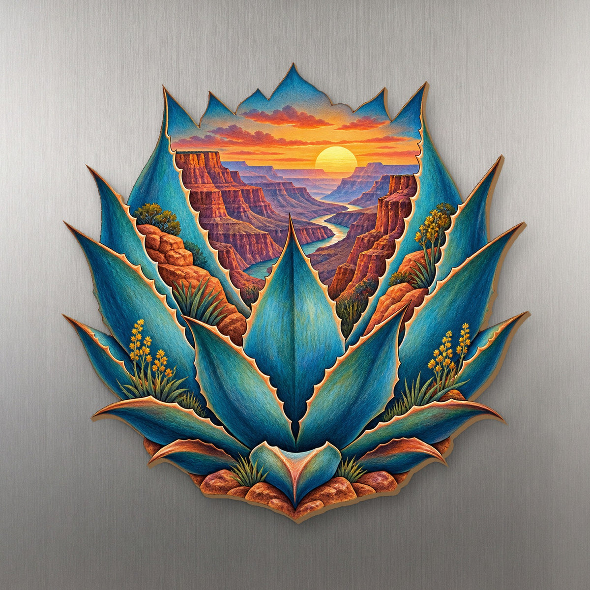Agave Canyon Jewel wood magnet M182 on a stainless steel fridge, made in USA