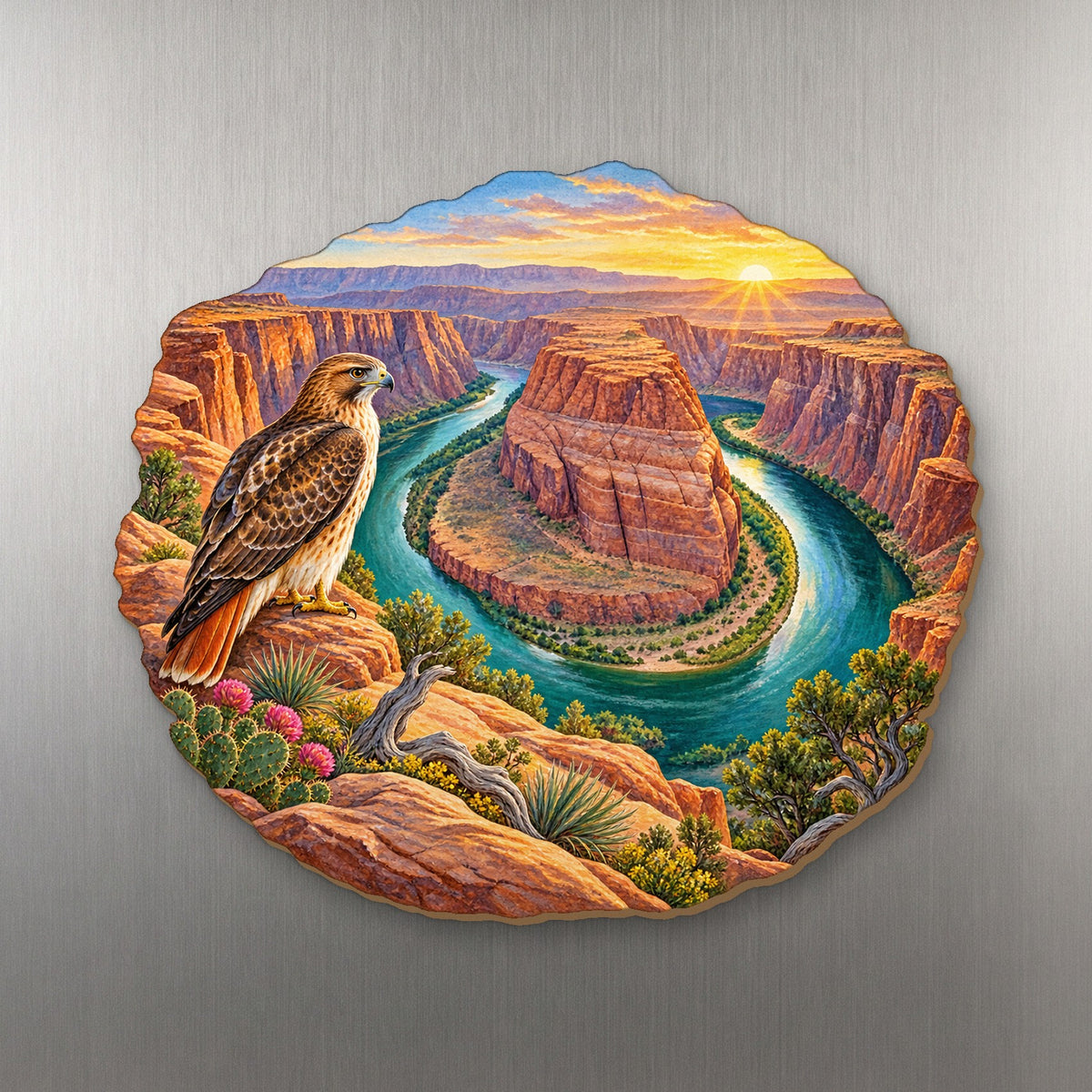 River Horseshoe Dawn wood magnet M183 on a stainless steel fridge, made in USA