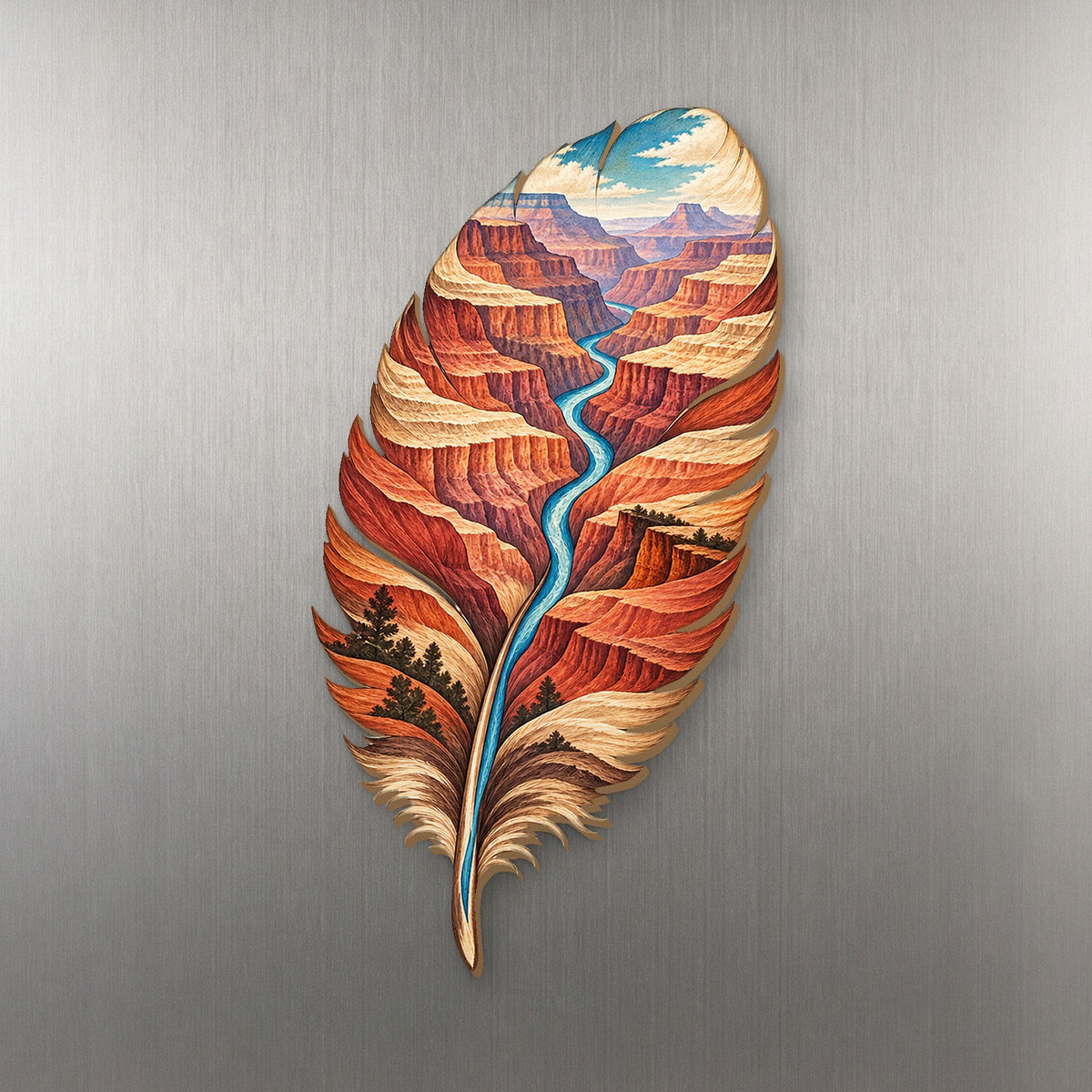 Canyon Strata Feather wood magnet M184 on a stainless steel fridge, made in USA
