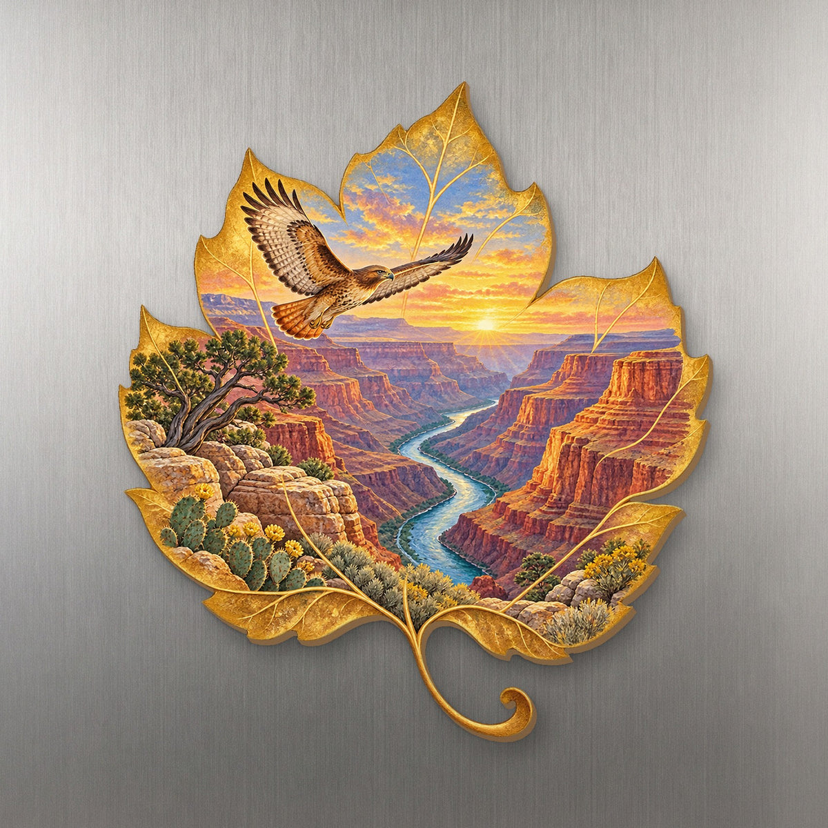 Canyon Gold Leaf wood magnet M185 on a stainless steel fridge, made in USA