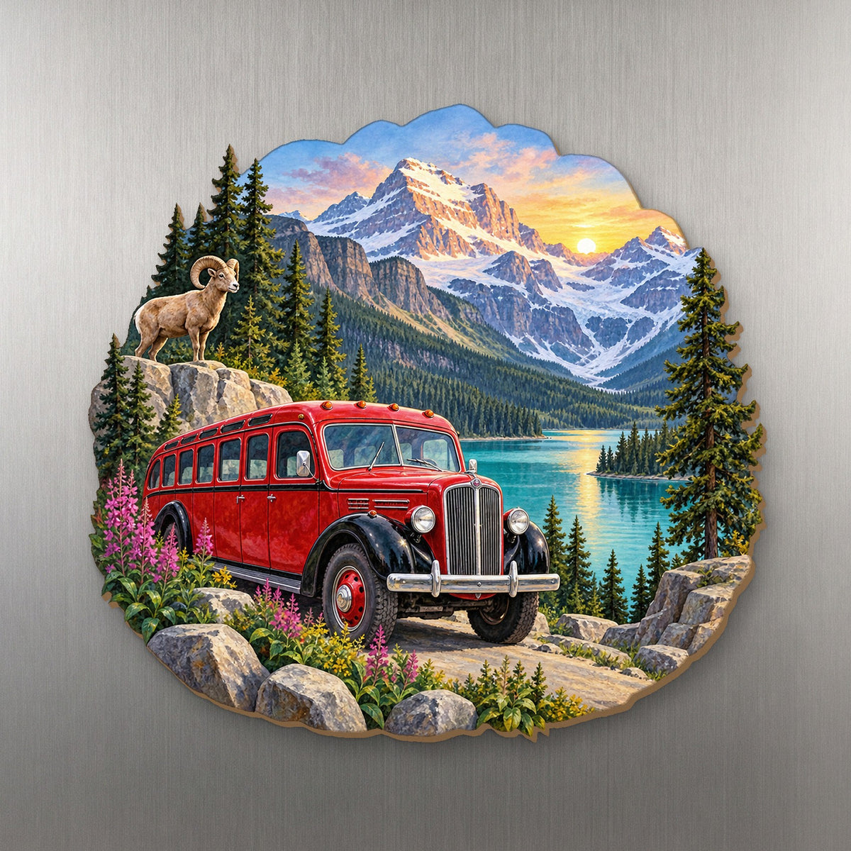 Red Bus Lakeside Dawn wood magnet M186 on a stainless steel fridge, made in USA