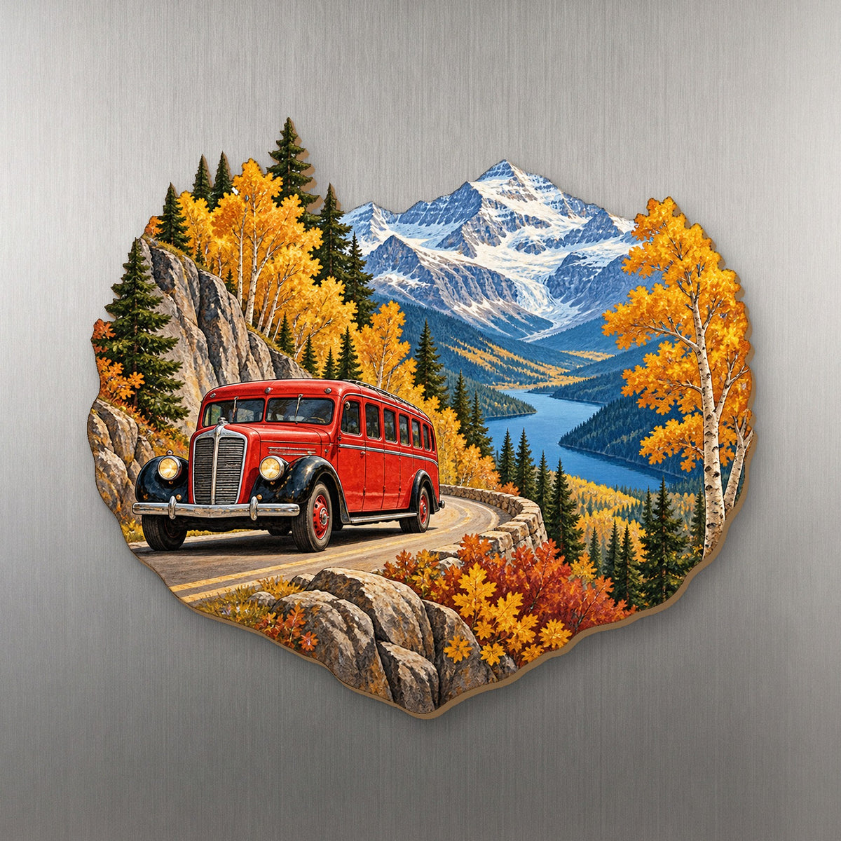 Red Bus Autumn Pass wood magnet M187 on a stainless steel fridge, made in USA
