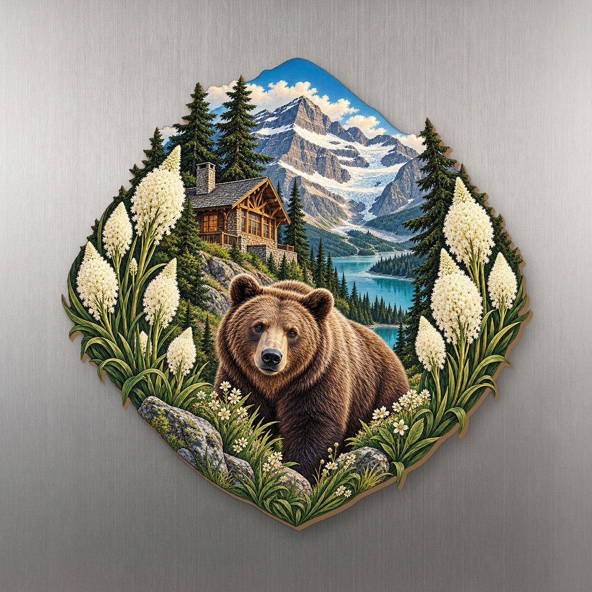 Chalet Beargrass Frame wood magnet M188 on a stainless steel fridge, made in USA
