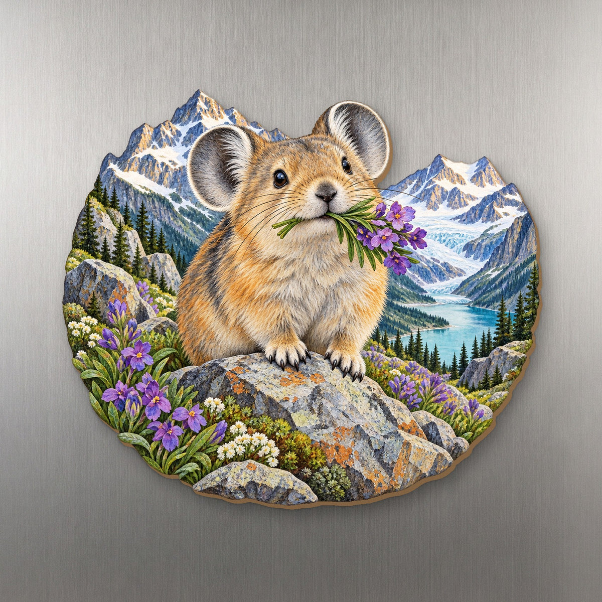 Pika Flower Cache wood magnet M189 on a stainless steel fridge, made in USA