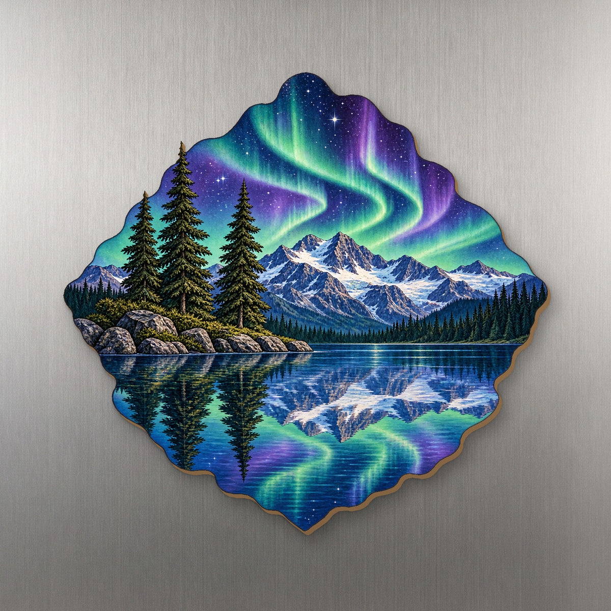 Aurora Spruce Reflection wood magnet M190 on a stainless steel fridge, made in USA