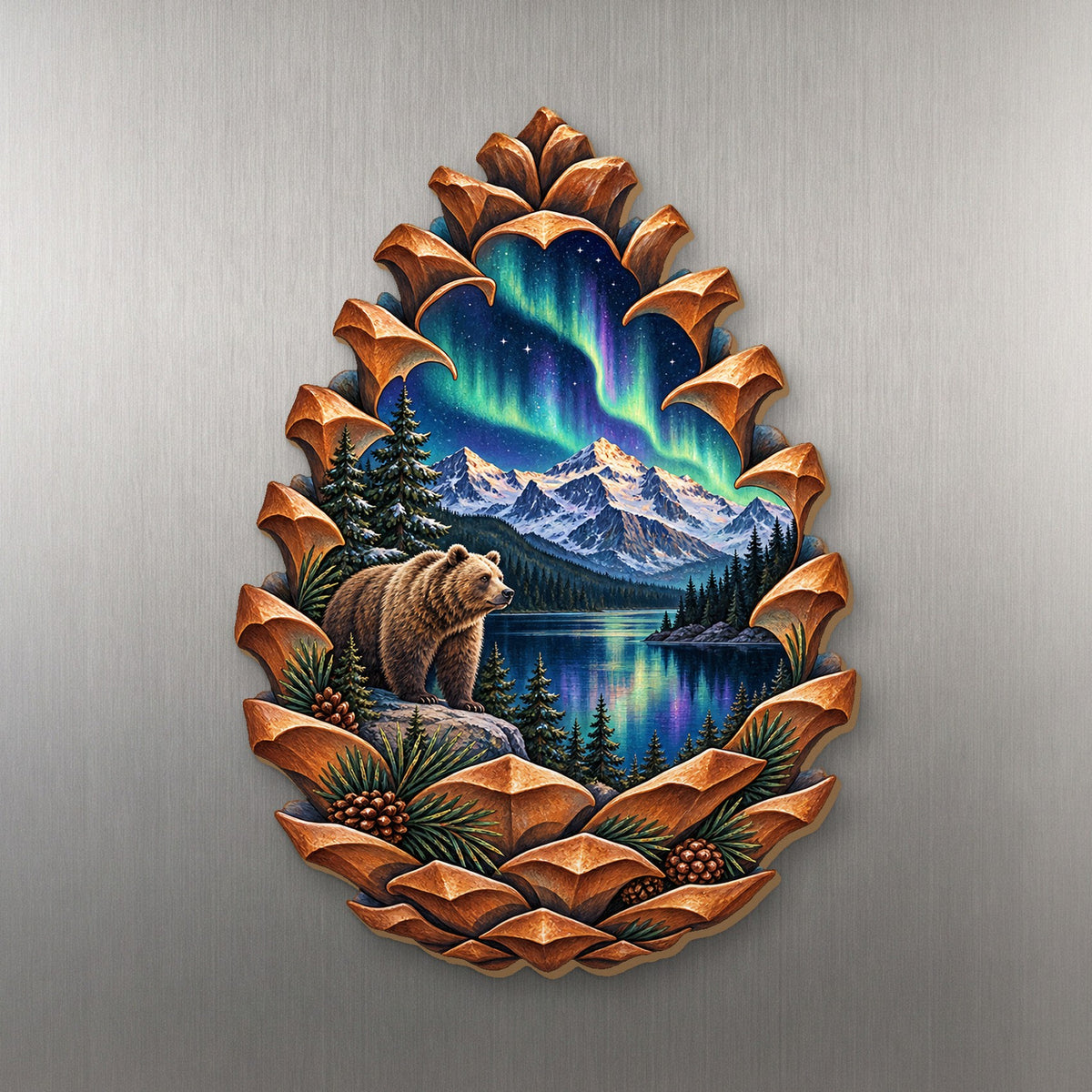Aurora Pinecone Night wood magnet M191 on a stainless steel fridge, made in USA