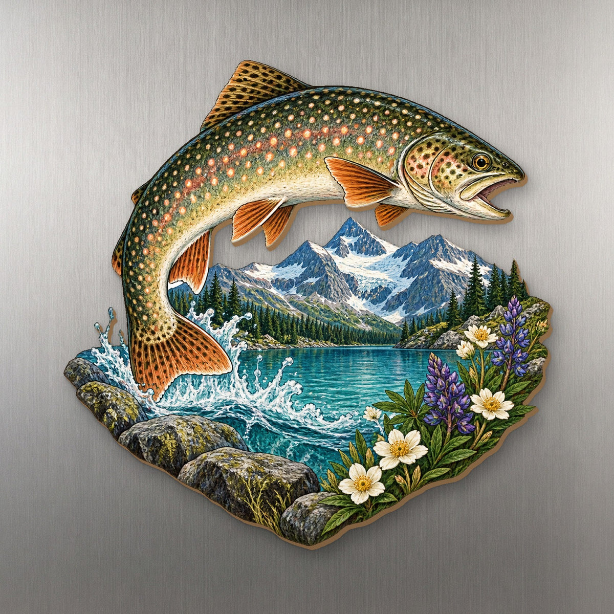 Lake Trout Alpine Current wood magnet M192 on a stainless steel fridge, made in USA
