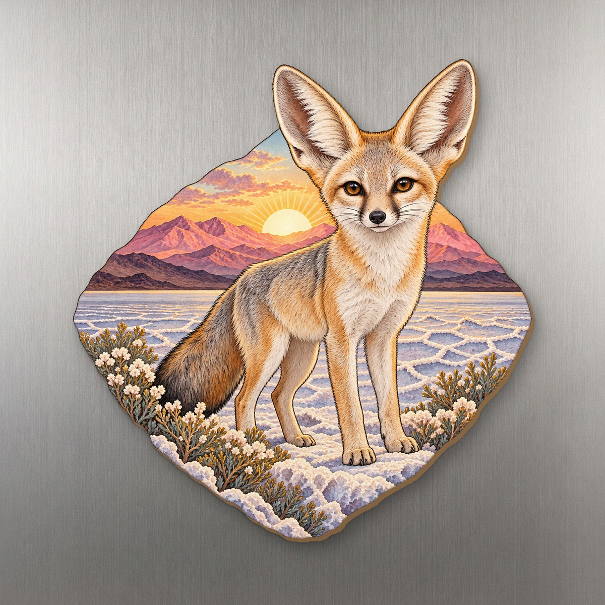 Kit Fox Salt Flat Dawn wood magnet M193 on a stainless steel fridge, made in USA