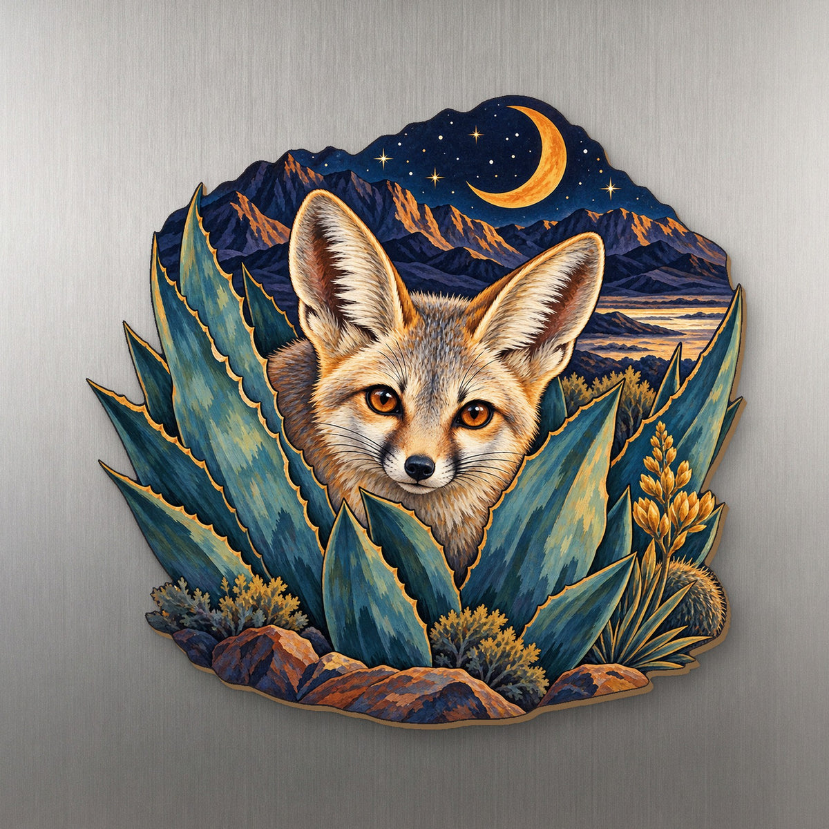 Kit Fox Agave Night wood magnet M194 on a stainless steel fridge, made in USA