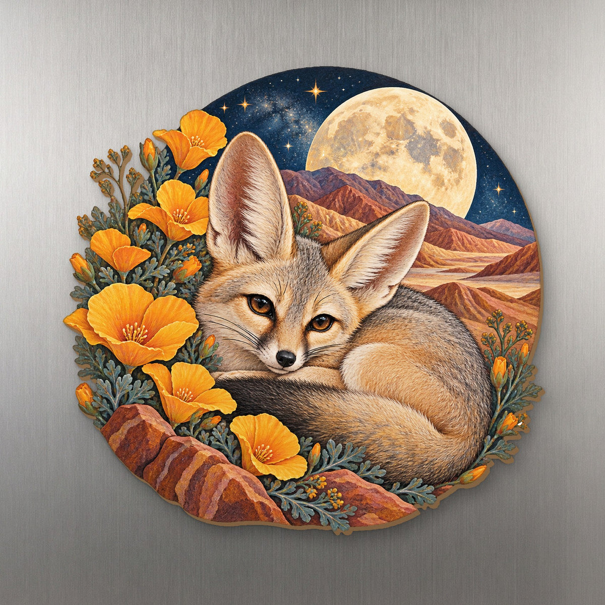 Kit Fox Poppy Moon wood magnet M195 on a stainless steel fridge, made in USA