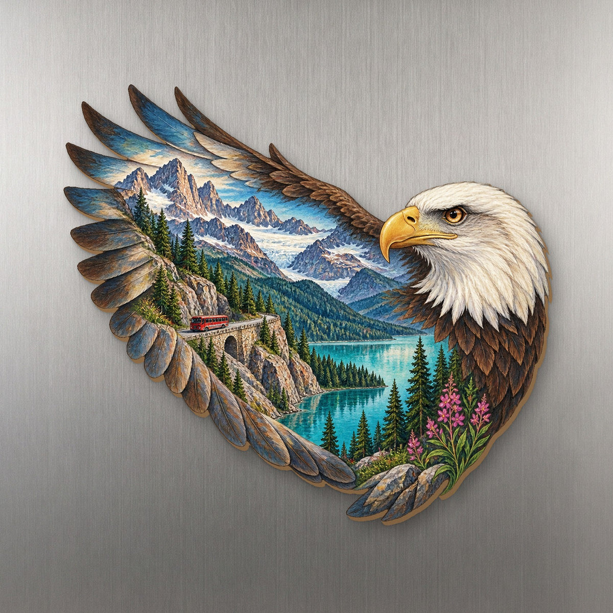 Glacier Eagle Wing wood magnet M196 on a stainless steel fridge, made in USA