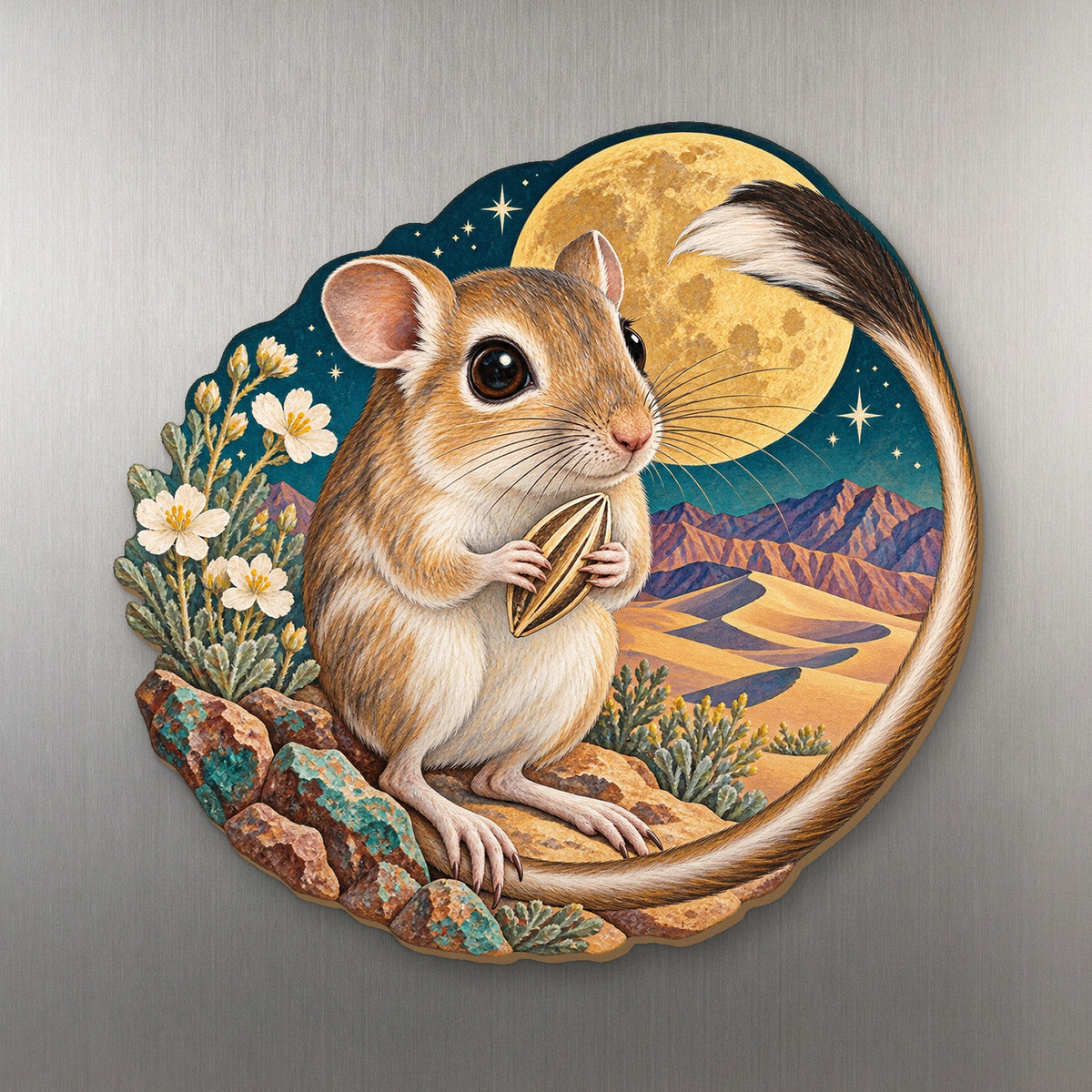 Kangaroo Rat Seed Moon wood magnet M197 on a stainless steel fridge, made in USA