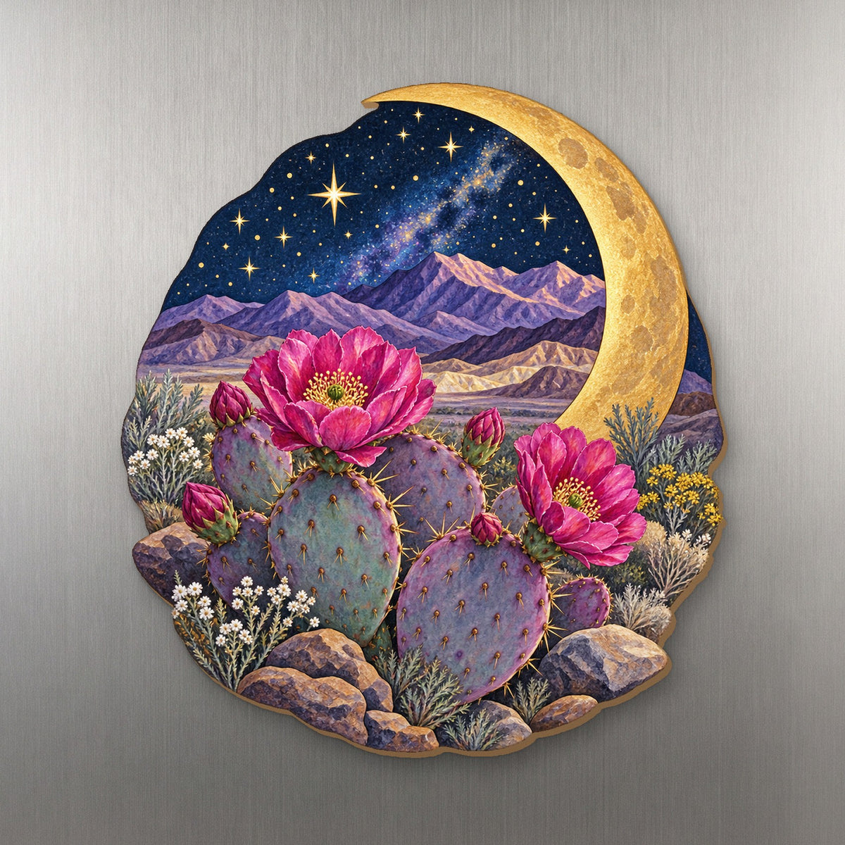 Beavertail Moon Garden wood magnet M198 on a stainless steel fridge, made in USA