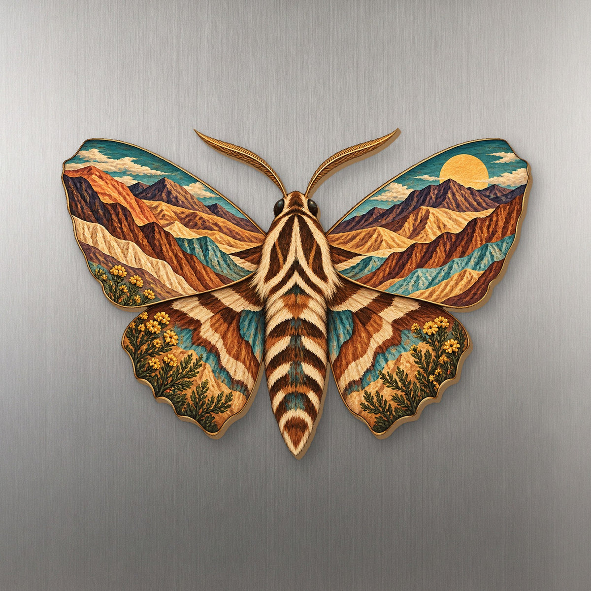 Sphinx Moth Canyon Wings wood magnet M199 on a stainless steel fridge, made in USA
