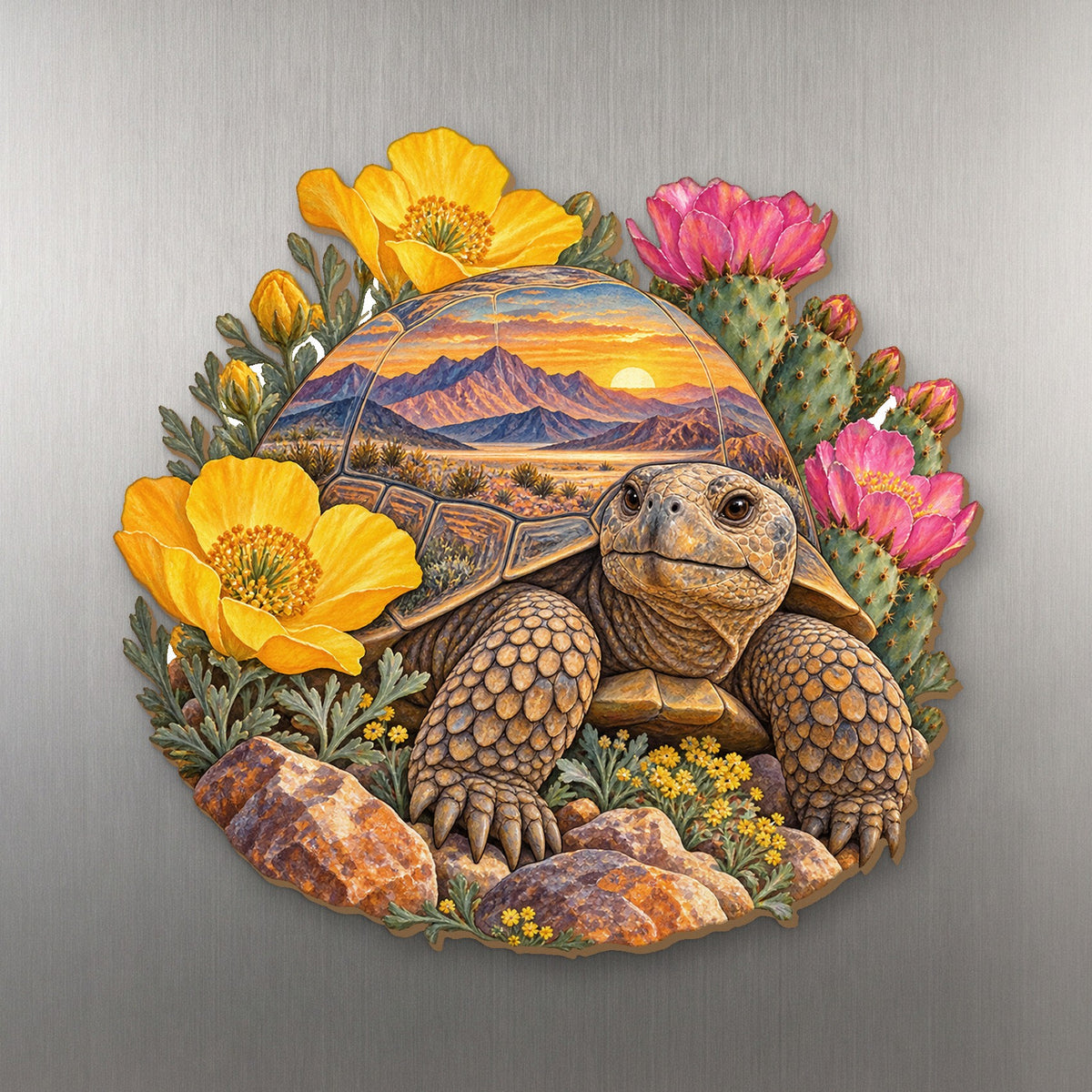 Desert Tortoise Bloom wood magnet M200 on a stainless steel fridge, made in USA