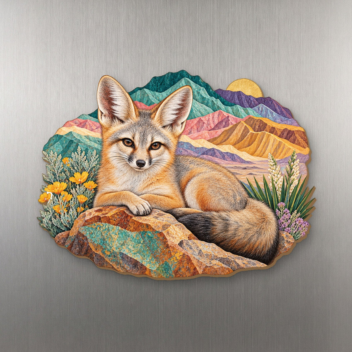 Artists Palette Fox wood magnet M201 on a stainless steel fridge, made in USA