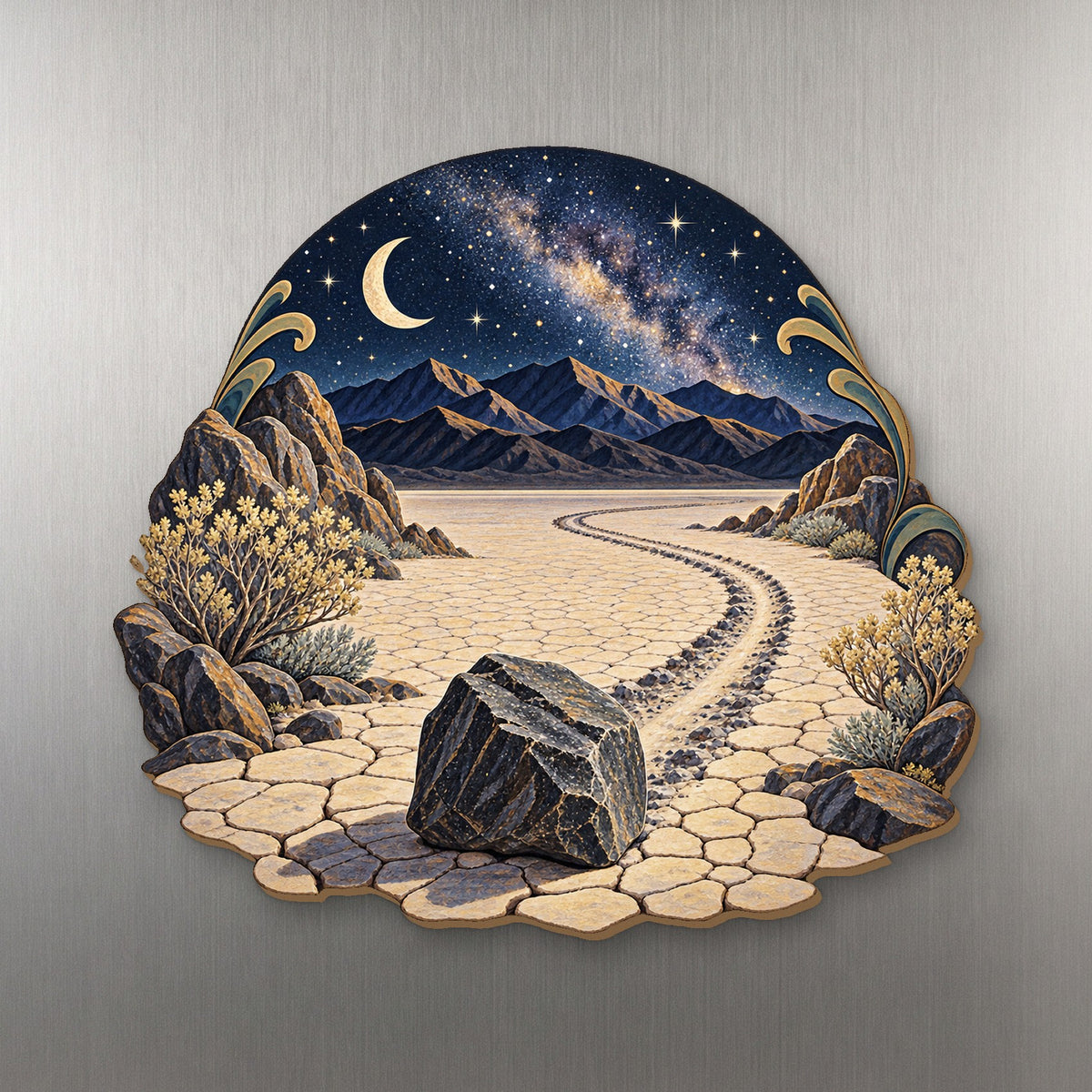Sailing Stone Star Trail wood magnet M204 on a stainless steel fridge, made in USA