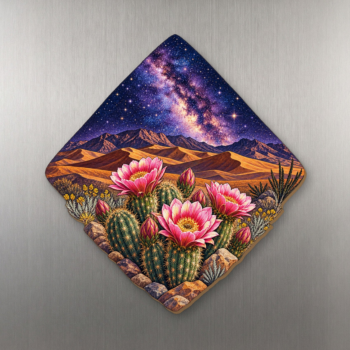 Milky Way Cactus Silhouette wood magnet M205 on a stainless steel fridge, made in USA