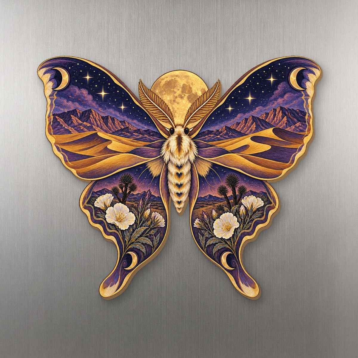 Dune Moon Moth wood magnet M206 on a stainless steel fridge, made in USA