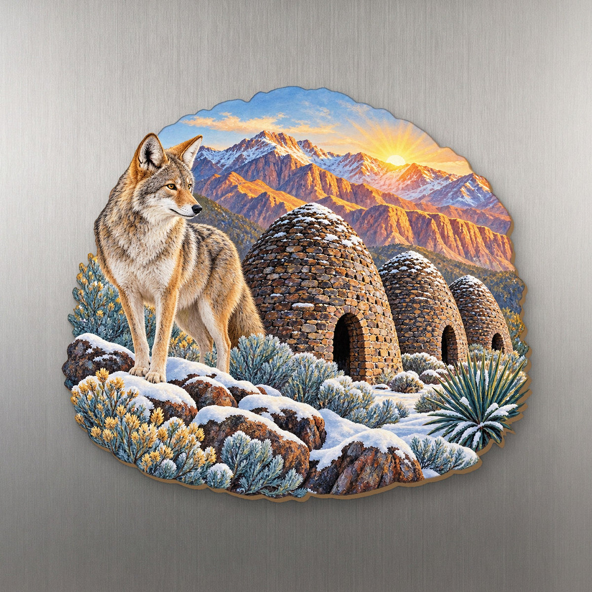 Kilns Winter Morning wood magnet M207 on a stainless steel fridge, made in USA