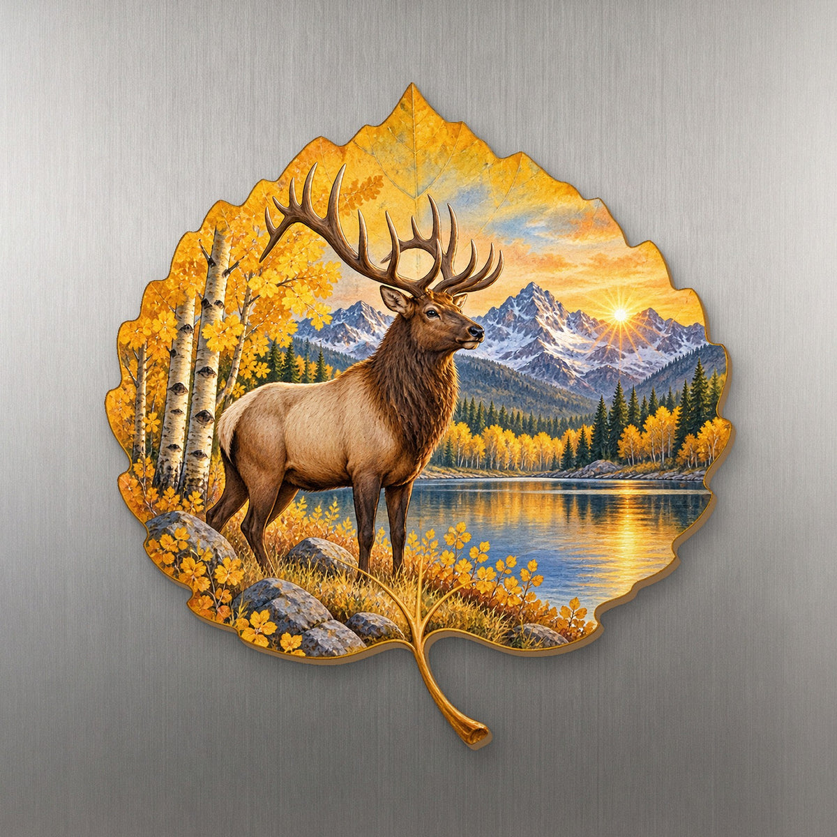 Aspen Leaf Elk Dawn wood magnet M208 on a stainless steel fridge, made in USA