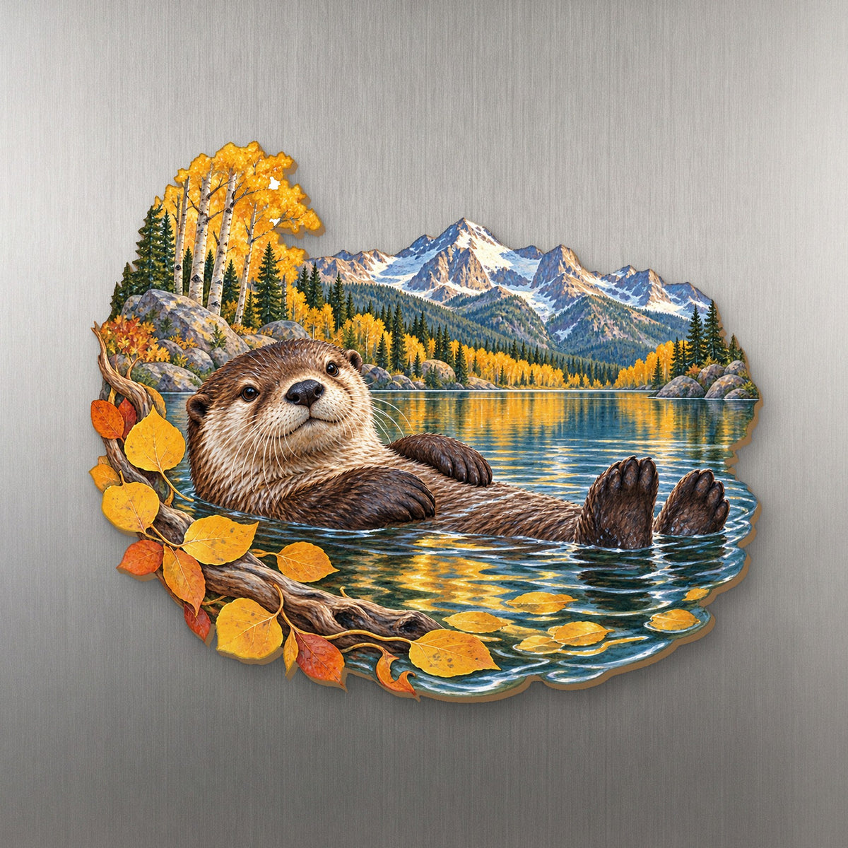 Bear Lake Otter Drift wood magnet M209 on a stainless steel fridge, made in USA