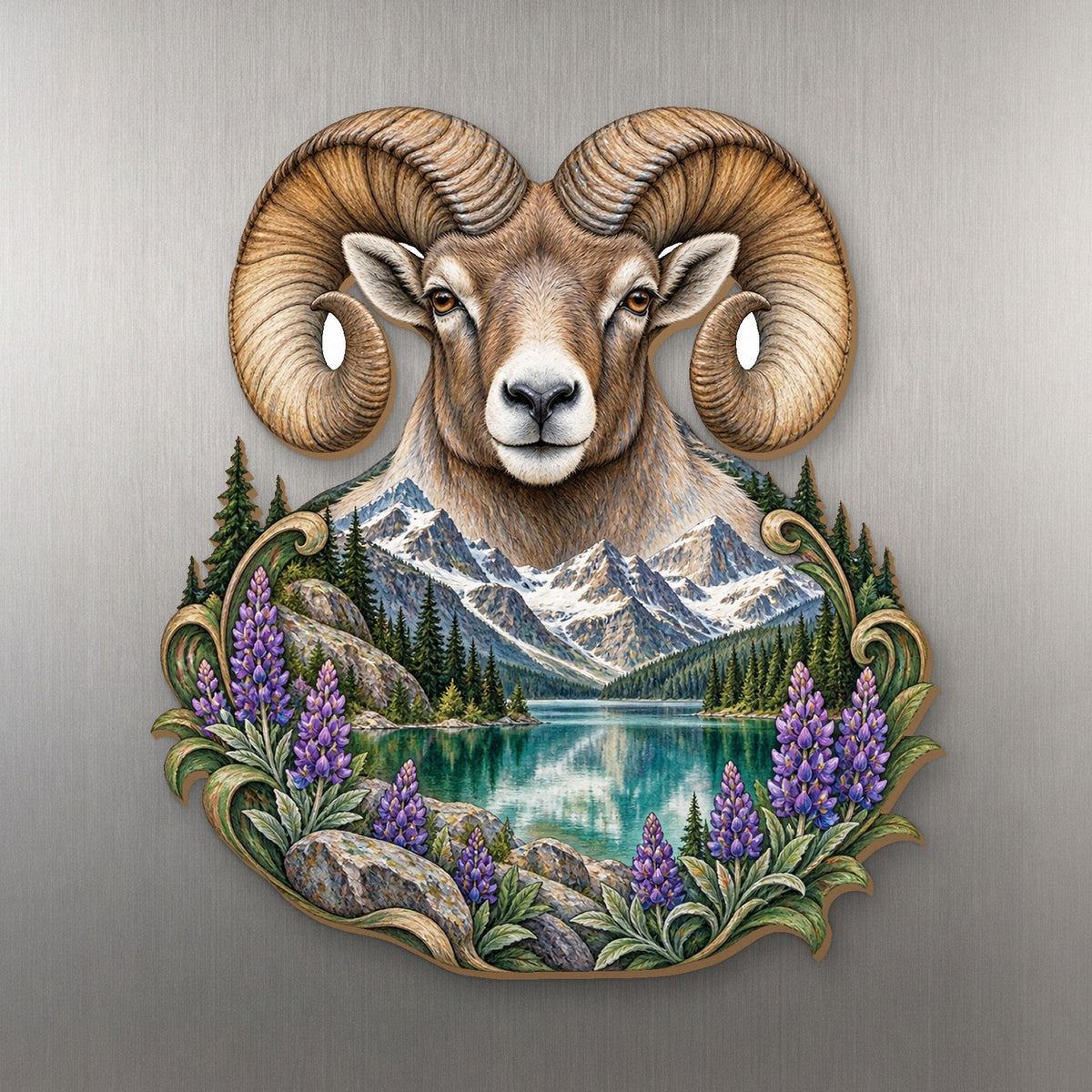 Emerald Lake Ram wood magnet M210 on a stainless steel fridge, made in USA