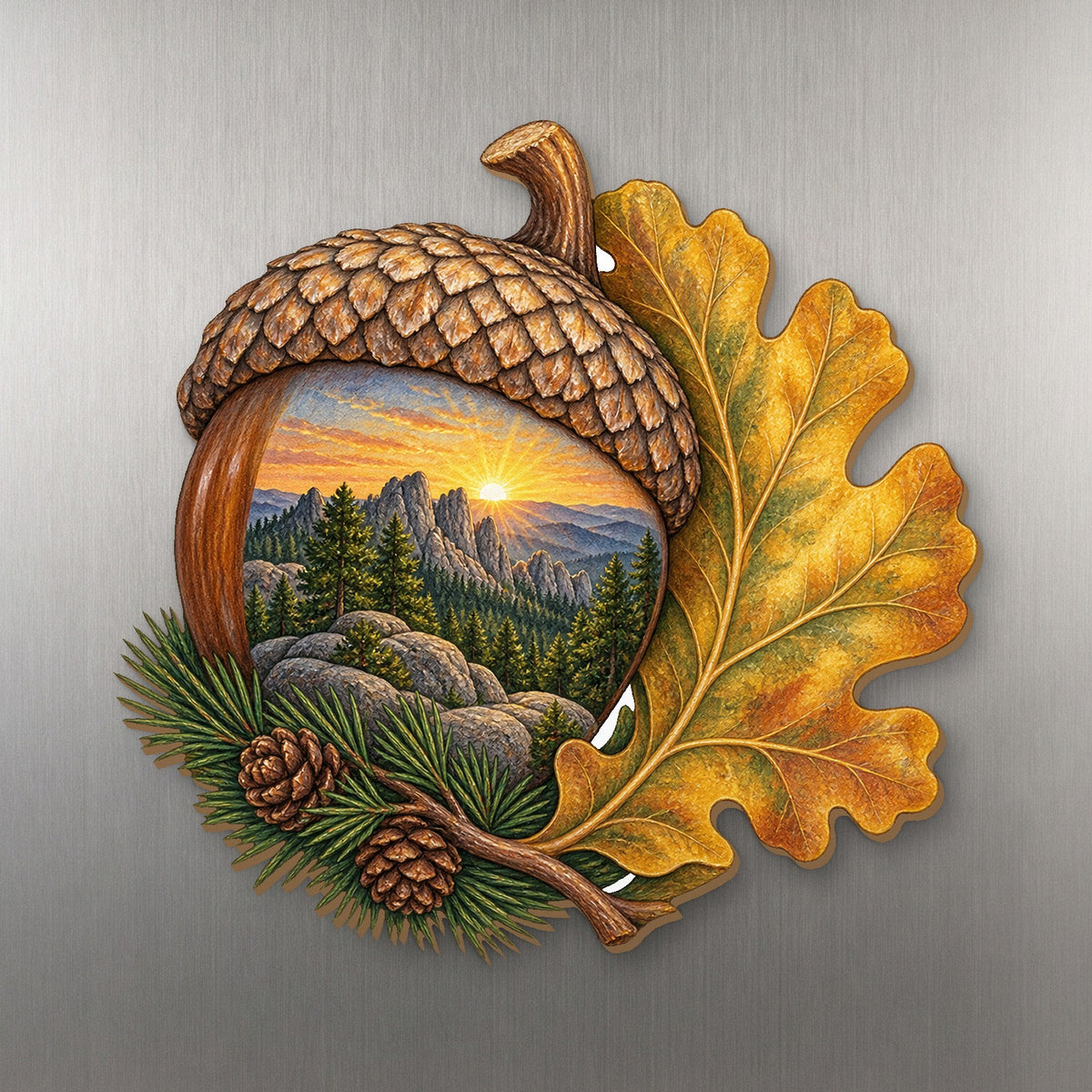 Bur Oak Acorn Sunrise wood magnet M211 on a stainless steel fridge, made in USA