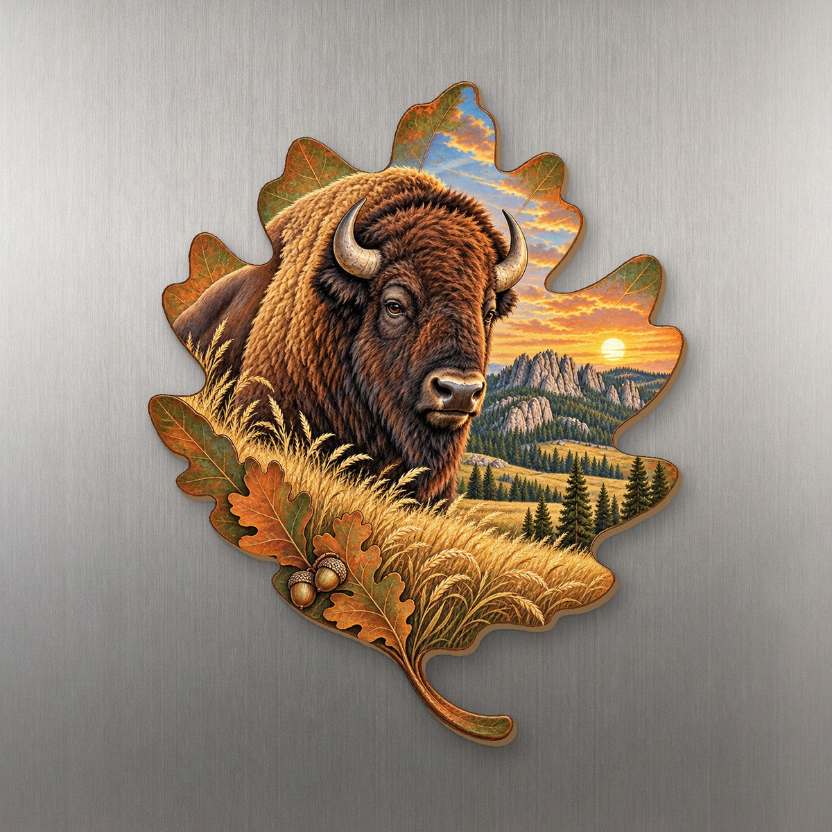 Oak Leaf Bison Prairie wood magnet M212 on a stainless steel fridge, made in USA
