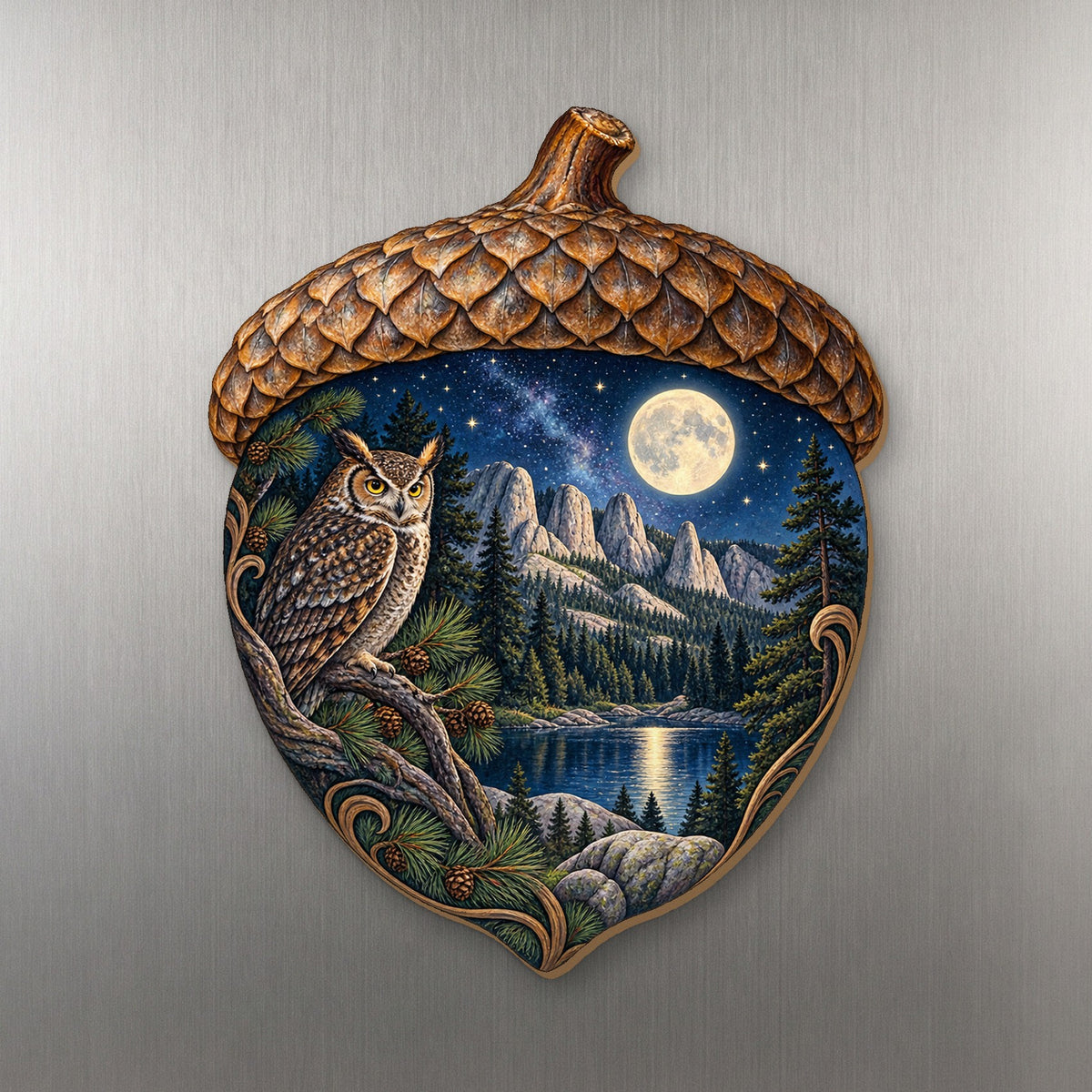 Acorn Night Woodland wood magnet M213 on a stainless steel fridge, made in USA