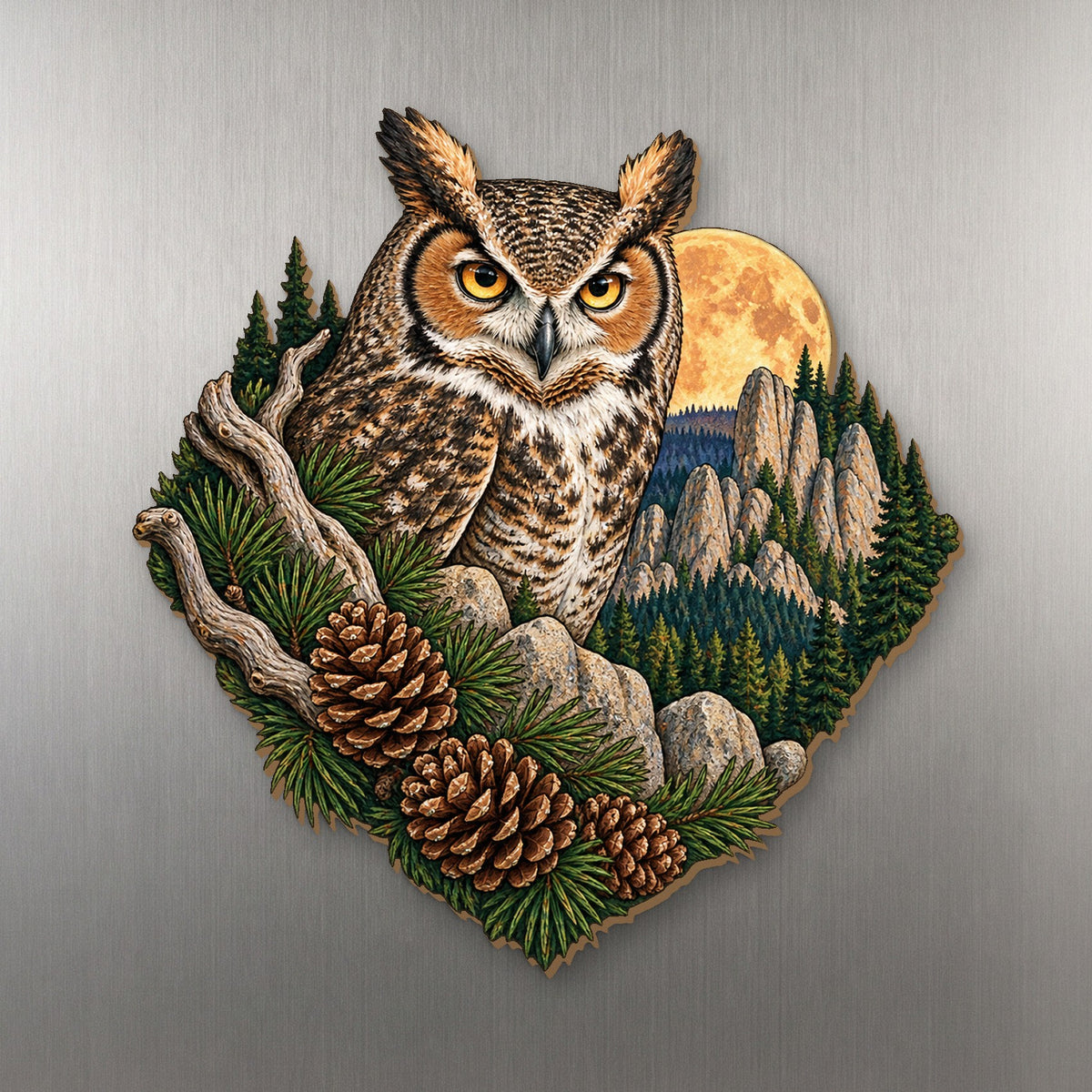 Ponderosa Owl Crest wood magnet M214 on a stainless steel fridge, made in USA