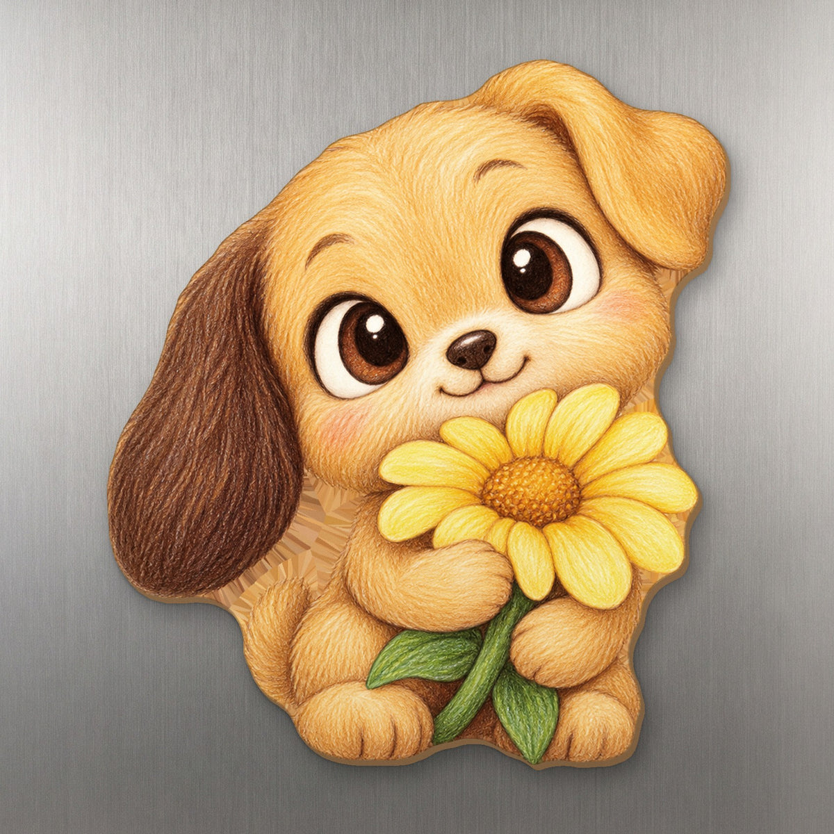 Daisy Puppy wood magnet M215 on a stainless steel fridge, made in USA