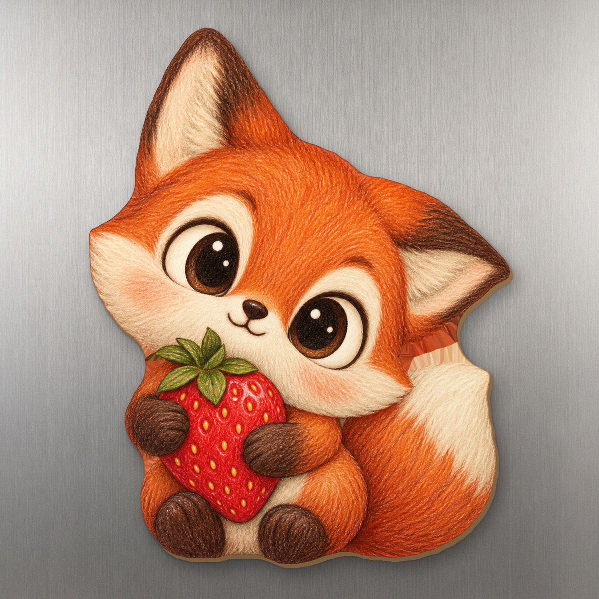 Berry Fox wood magnet M217 on a stainless steel fridge, made in USA