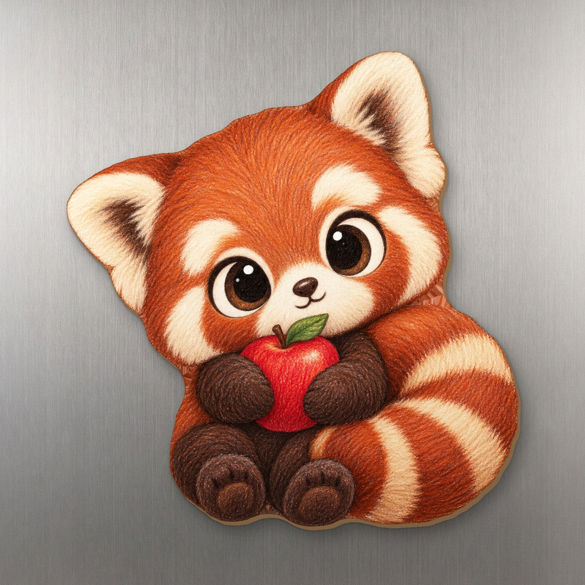 Apple Red Panda wood magnet M220 on a stainless steel fridge, made in USA