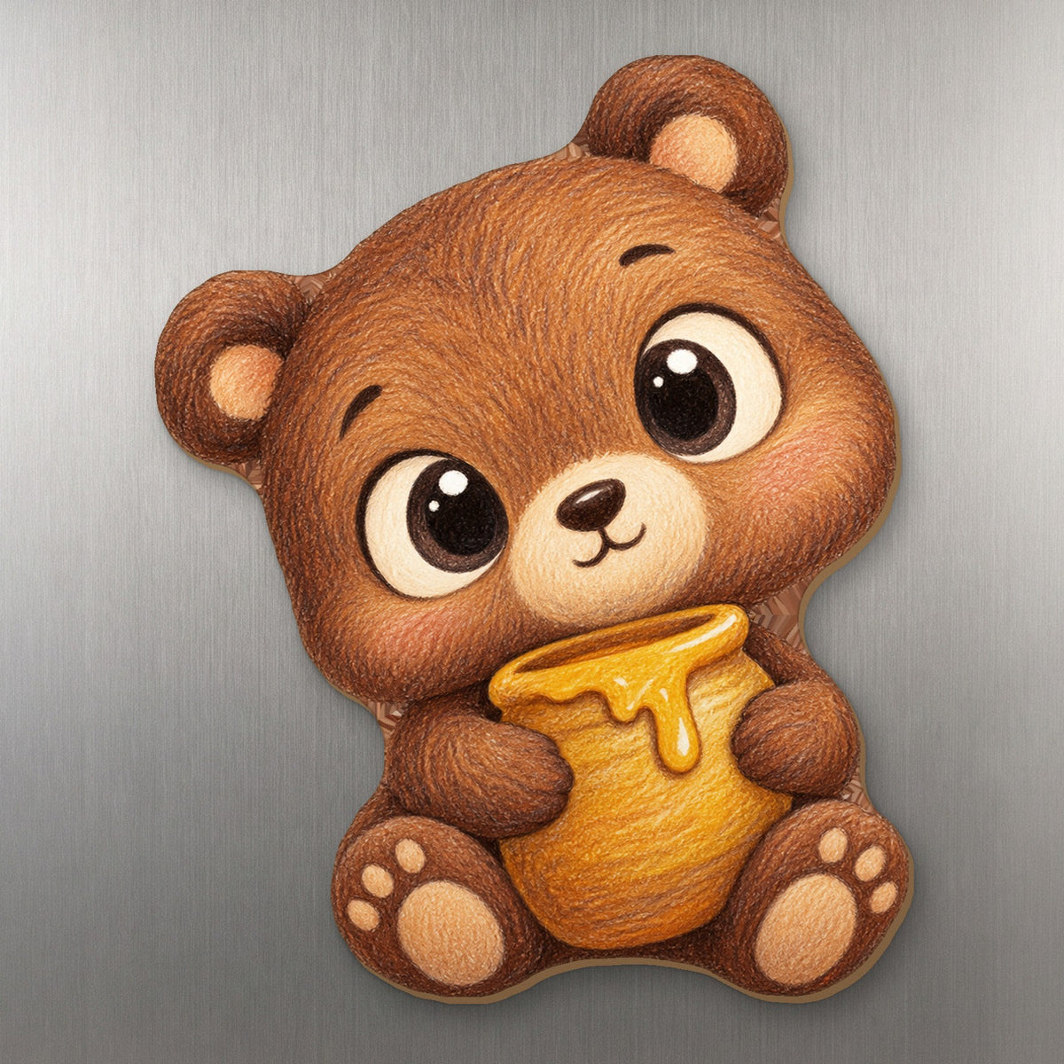 Honey Bear wood magnet M223 on a stainless steel fridge, made in USA