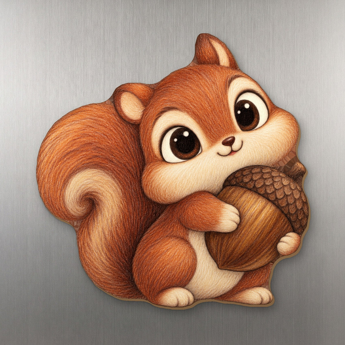Acorn Squirrel wood magnet M224 on a stainless steel fridge, made in USA